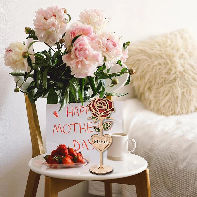 Mother's Day Gift Wooden Rose Flower with Base Home Desktop Decoration Ornaments Mom Dad Wife Husband Wedding Gifts 2025 New