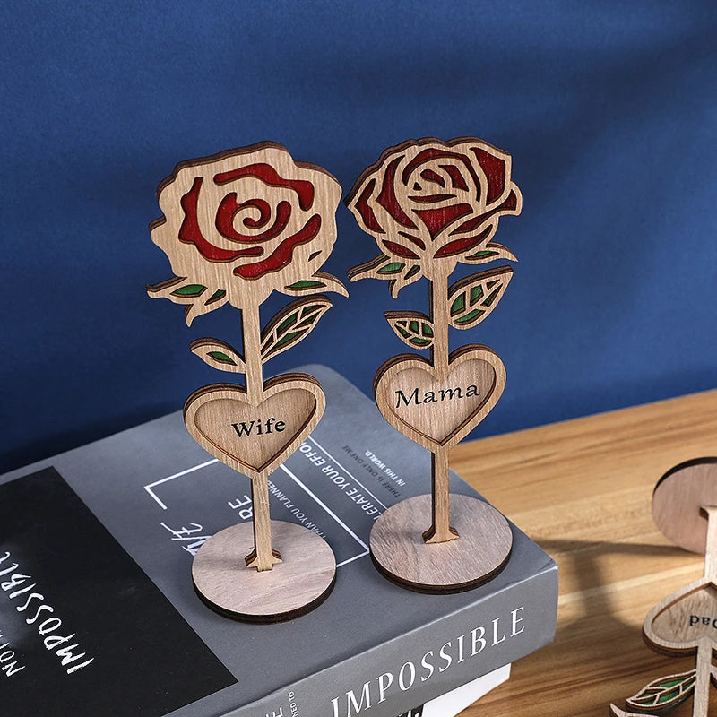 Mother's Day Gift Wooden Rose Flower with Base Home Desktop Decoration Ornaments Mom Dad Wife Husband Wedding Gifts 2025 New