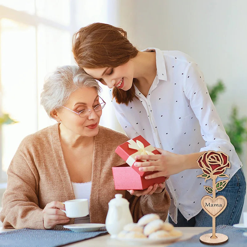 Mother's Day Gift Wooden Rose Flower with Base Home Desktop Decoration Ornaments Mom Dad Wife Husband Wedding Gifts 2025 New